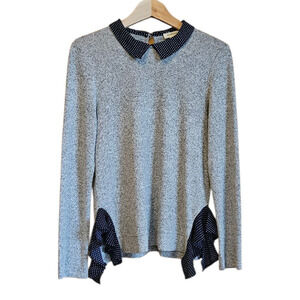 Monteau Women's Sweater Polka Dot Collar Gray Long Sleeve Size Large